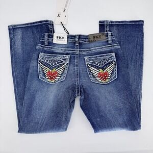 SKY Premium Collection Low Rise Bootcut Jeans Heart Wings Rhinestone 9/10 NWT